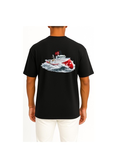Bahriyeli Collection Oversize Rv Barbaros Hayreddin Paşa Dalgalar Arası Göğüs Ve Sırt Baskılı Unisex T-shirt Siyah