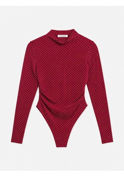 Kadın W6-35 Snap Body Suit Parlak Taşlı Tasarım Body Bordo