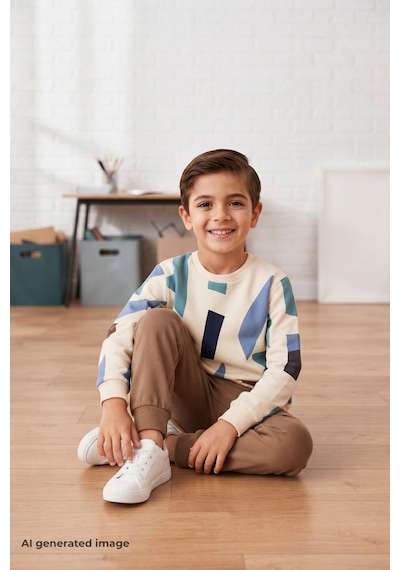 Pina Kids Erkek Çocuk Geometrik Desenli Okul Günlük Eşofman Takımı Esf7038 Kahverengi