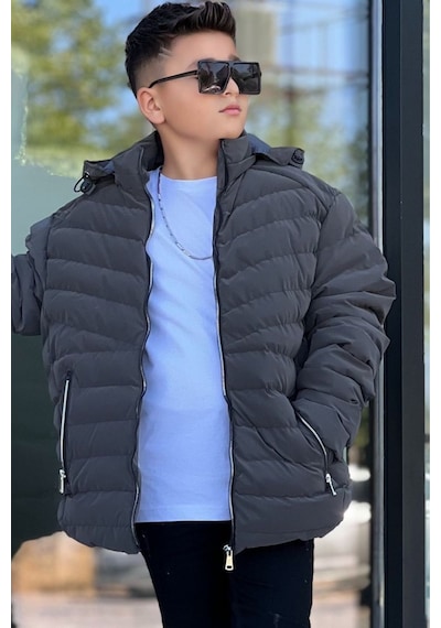 Pina Kids Erkek Çocuk Çıkarılabilir Kapüşonlu Sık Dikişli Nova Kumaş Kışlık Şişme Mont Km4016 Füme