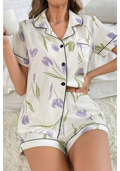Bella Notte Çiçek Baskılı Şortlu Pijama Takımı Beyaz