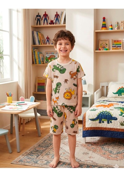 Aliş Kids Erkek Çocuk Pamuklu Bej Rengi Safari Desenli Kısa Kollu Şortlu Yazlık Pijama Takımı Aliş Kids Erkek Çocuk Pamuklu Bej Rengi Safari Desenli Kısa Kollu Şortlu Yazlık Pijama Takımı