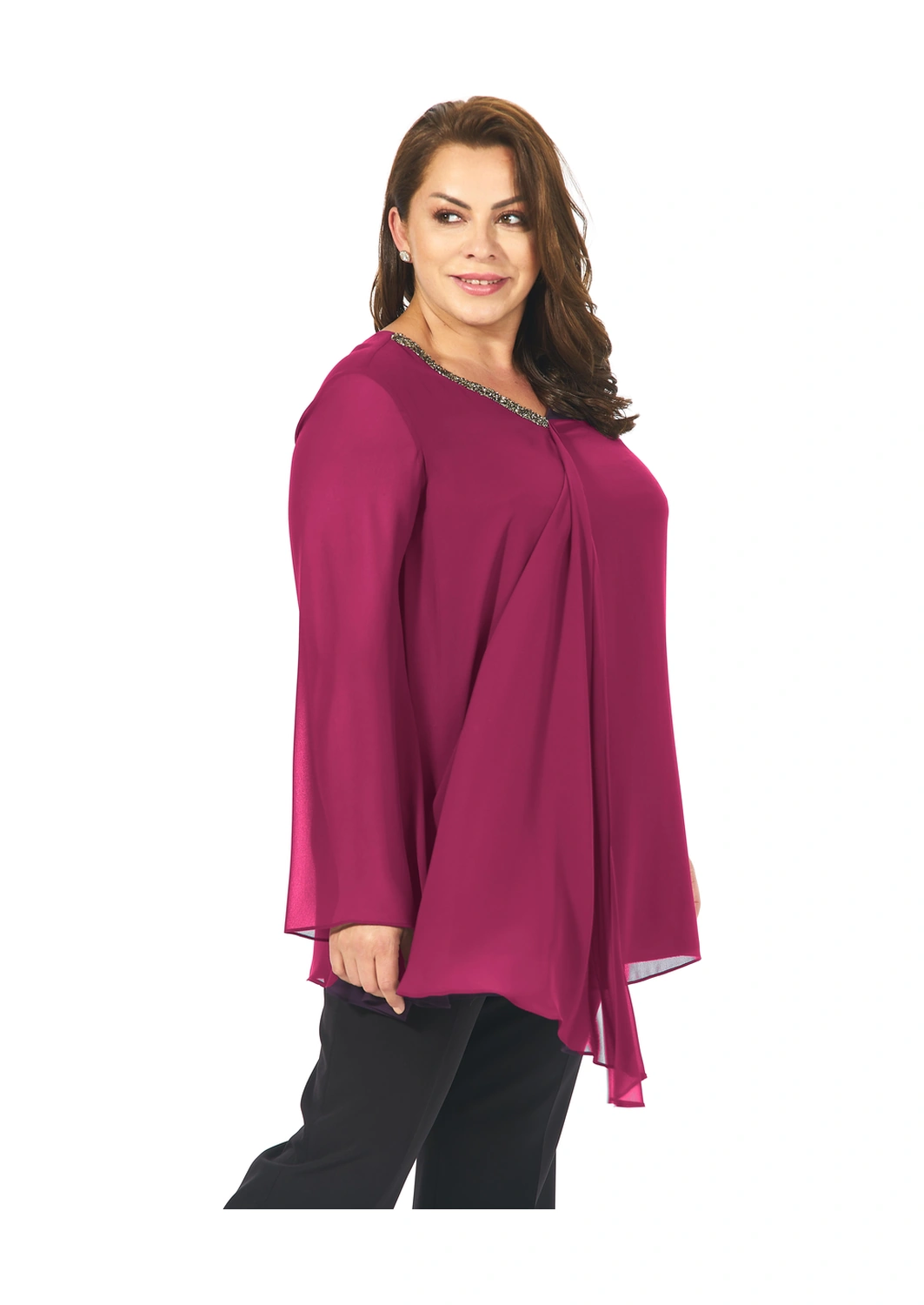 Lilas Xxl Büyük Beden Fuşya Renkli Şifon Abiye Bluz Fuşya