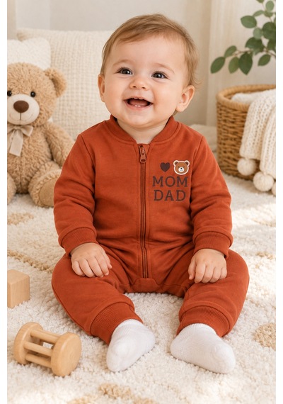 Beniizle Baskılı Unisex 3 İplik Şardonlu Fermuarlı Bebek Tulum Kiremit
