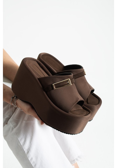 Dabab Shoes Lunara Kadın Acı Kahve 10 Cm Platform Topuk Tokalı Kalın Taban Terlik Sandalet Acı Kahverengi