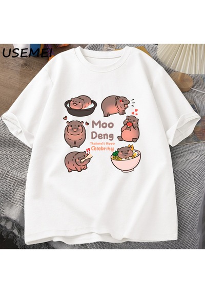 Flood Of Style Tayland Yılında Moo Deng Bouncy Domuz Bebek Hippo Khao Kheow Açık Hayvanat Bahçesi T-shirt Ko Beyaz