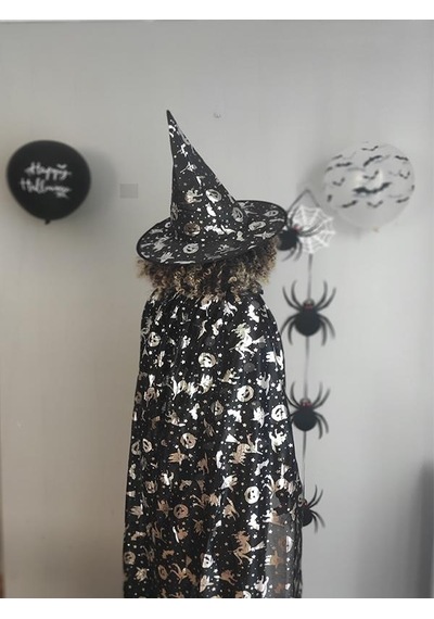 Halloween Cadılar Bayramı Gümüş Desenli Cadı Şapka Ve Pelerin Set