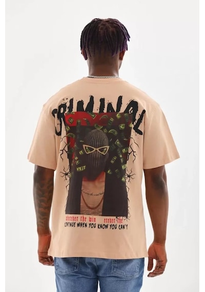 Veraura Lifestyle Unisex Baskılı Oversize T-shirt - Bej
