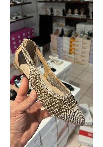 Nesil Shoes Ceylan 230 Nude Taşlı Hasır Kadın Babet-Nude Ten