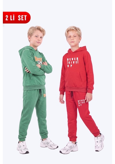 Fyk Kids Erkek Çocuk 2'li Baskılı Kanguru Cepli Kapüşonlu Eşofman Takımı Yeşil-kırmızı