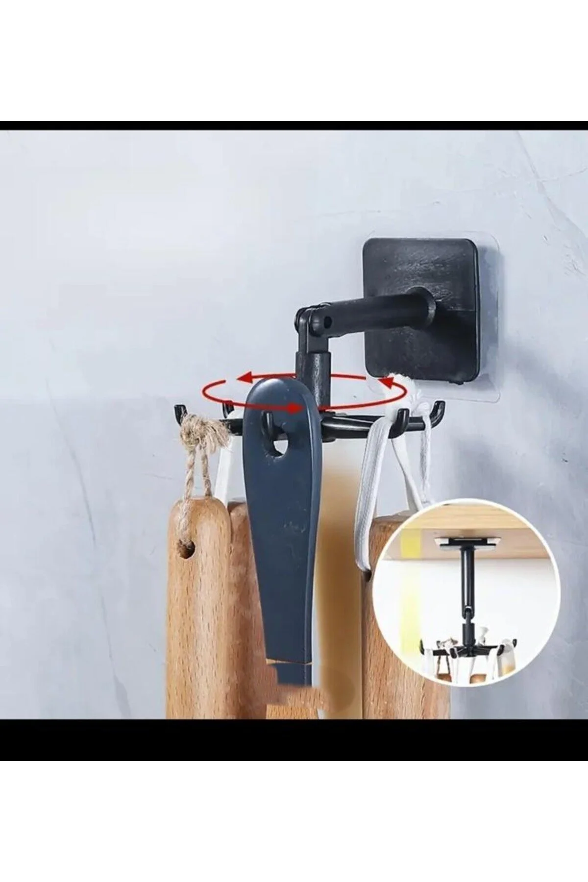 Çok Amaçlı Mutfak Banyo 6 Kancalı 360 Derece Dönen Yapışkanlı Askı Siyah