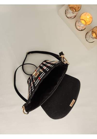 Burberry Desen, Kanvas İşleme, Handmade Renkli, Kadın Mini Çanta Siyah