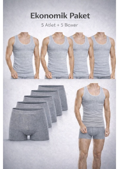 Qulat Erkek Atlet Boxer Seti 10 Lu Ekonomik Paket 5 Atlet + 5 Boxer Pamuklu İç Giyim Gri