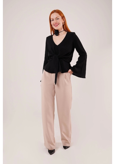 Defymoda Ön Bağlamalı Volan Kol Siyah Bluz Siyah