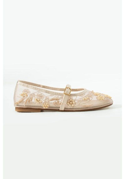 Duxal Shoes Rose Kadın İnci İşlemeli Tül Babet Çiçek Nakışlı Mary Jane Ayakkabı Bej