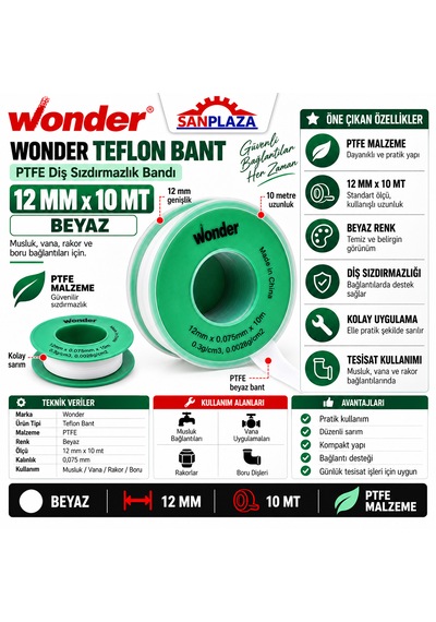 Sanplaza Wonder Teflon Bant 12 Mm X 10 Mt Ptfe Diş Sızdırmazlık Tesisat İzolasyon Bandı 10 Adet