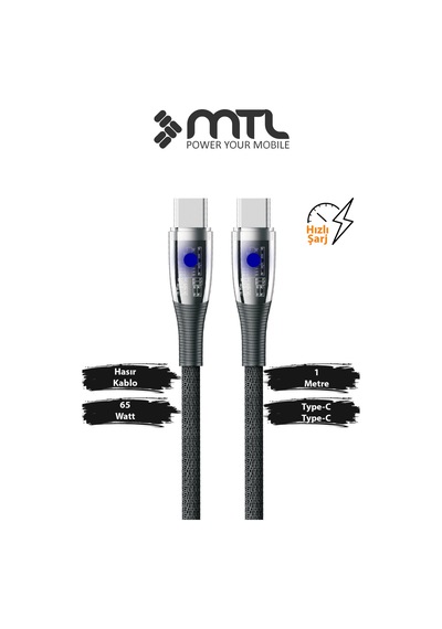 65w Pd Type-c To Type-c Hasır Örgülü Hızlı Şarj Ve Data Kablosu 1 Metre Siyah Mt2152