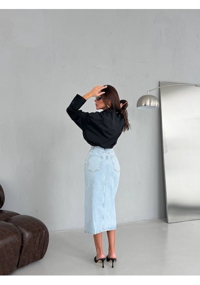 Yırtmaç Detaylı Denim Midi Etek ÇoK Renkli