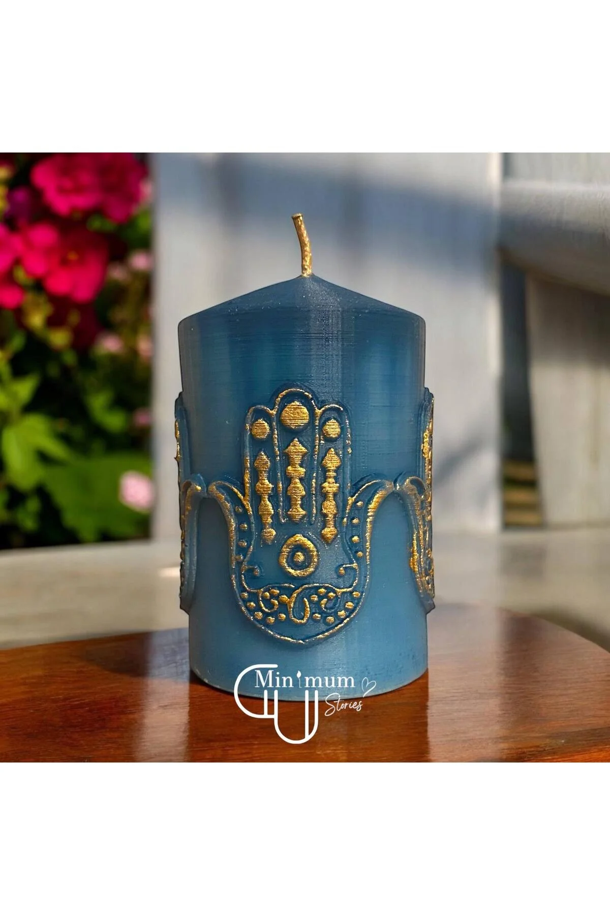 Hamsa Fatma Ananın Eli Yeşil Elma& Tarçın Kokulu Mum Nazar Koruyucu Dekoratif Hediye Mavi - Altın