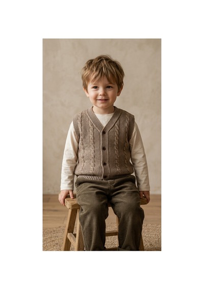 Deniva Kids Unisex Bebek & Çocuk Kahverengi V Yaka Düğmeli Saç Örgü Desenli Triko Yelek