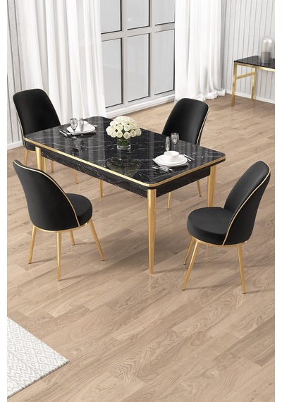 Canisa Rewa Serisi 70x110 Sabit Siyah Mermer Desen Gold Detay Masa Takımı Ve 4 Siyah Sandalye Masa Siyah Mermer Sandalye Siyah Gold Ayak Canisa Rewa Serisi 70x110 Sabit Siyah Mermer Desen Gold Detay Masa Takımı Ve 4 Siyah Sandalye Masa Siyah Mermer Sandalye Siyah Gold Ayak