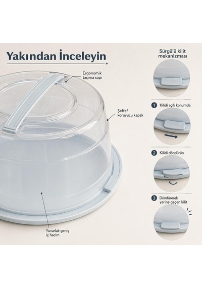 Ayrex Poomy Yuvarlak Kek Pasta Saklama Ve Taşıma Kabı, Şeffaf Kapaklı Kilitli Kek Fanusu, Taşıma Saplı Pasta Kor Diğer