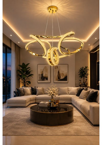 Monza Lüks Cristalya Serisi Orjinal Gold Kaplamalı 3 Renk Ledli Sarkıt Ledli Avize Modern Led Avize-çap 50 Cm Gold Gold