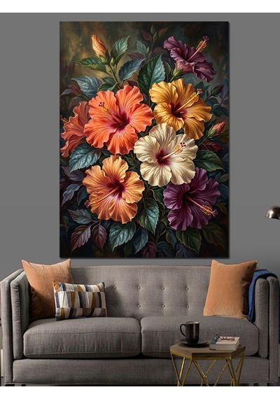 Tropikal Hibiskus Çiçek Buketi Dekoratif Kanvas - Mdf Ahşap Tablo