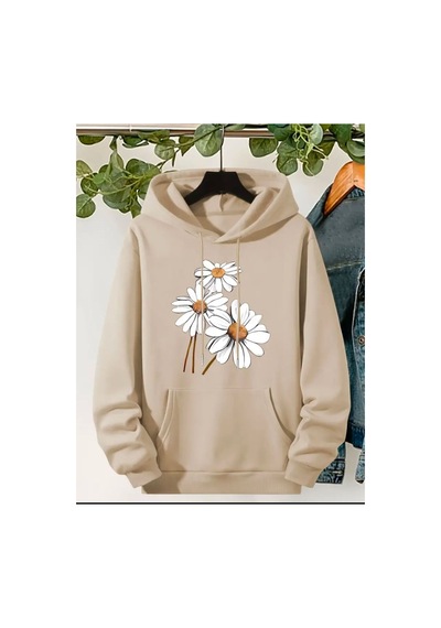 Medinenur Papatya Baskılı Kapüşonlu Sweatshirt Bej