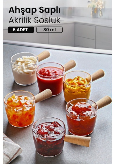 6 Lı Ahşap Saplı Mıka Reçellik Sosluk Sofra Sunum Kahvaltı Seti - Ahşap Saplı Sunumluk 80 Ml Şeffaf