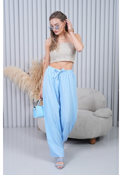 Polologin Butik Beli Bağcıklı Yüksek Bel Bol Paça Açık Mavi Pantolon Mavi