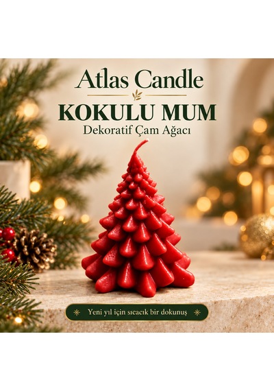 Kırmızı Kokulu Çam Ağacı Mum - Dekoratif Yılbaşı Hediyesi