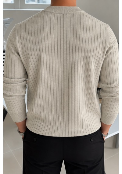Erkek Bisiklet Yaka Slim Fit Triko Kazak Bej