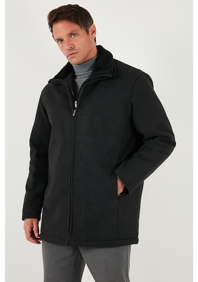 Buratti Slim Fit Çıkarılabilir Tüylü Yaka Detaylı Astarlı Kaşe Erkek Kaban 58400217 Füme
