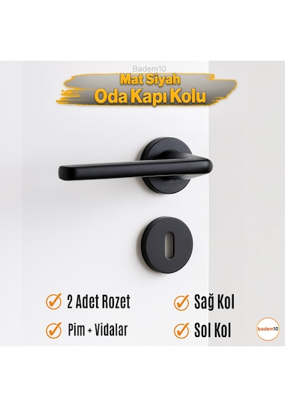Mat Siyah Oda Tipi Kapı Kolu Rozetli Sağ Sol Uygun Modern İç Kapı Kilitli 1 Takım