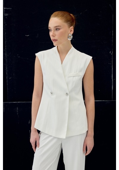 Sateen Anna Çizgili Yelek - Ekru-137103 Ekru