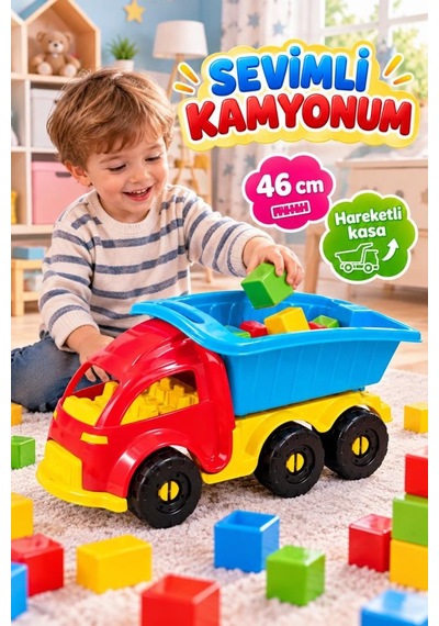 Büyük Boy 46 Cm Hareketli Kasalı Sevimli Kamyon - Çocuklar İçin Oyuncak Damperli Hafriyat Kamyonu
