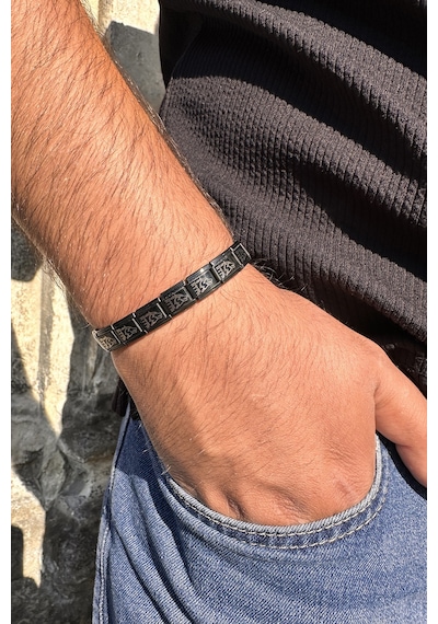 Kurt Kafası Göktürkçe Türk Yazılı İtalyan Charm Unisex Çelik Bileklik Scb57 Siyah