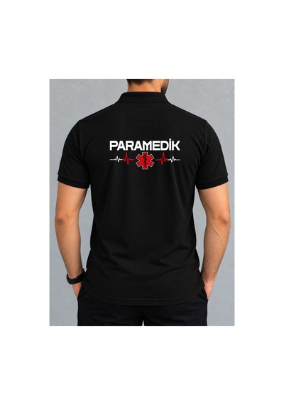 Paramedik Baskılı Polo Yaka %100 Pamuklu Tişört Siyah