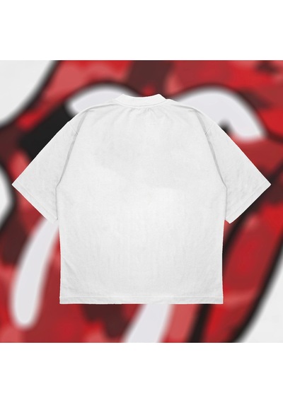 Tarzsokak A Bathing Ape X Rolling Stones Red Boxy Fit Oversize Unisex Tshirt Baskılı Tişör Beyaz
