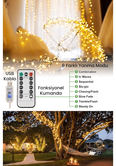 Technosmart 100 Ledli Usbli Kumandalı 8 Modlu Şerit Led Işık Parti Süsleme Organizasyon Sarı