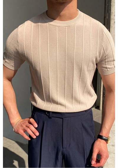 Cool Tarz Vizon Erkek Yuvarlak Yaka Örme T-shirt Vizon Vizon