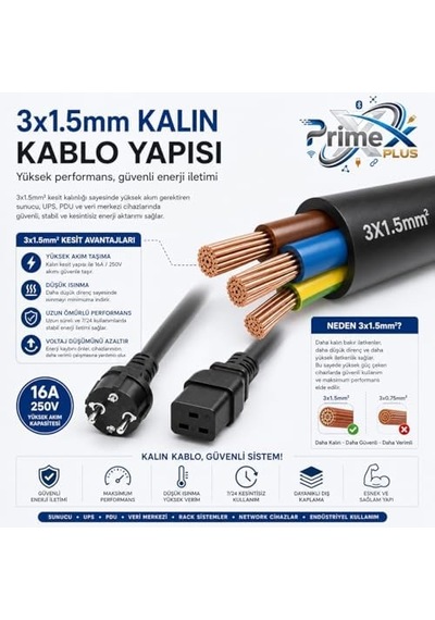 Px-srv15 2 Metre 3x1.5mm C19 Ups Server Power Kablo, Full Bakır C19 Schuko Güç Kablosu, 16a 250v Sun