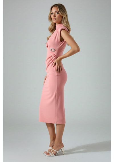 Defymoda Kadın Balık Kesim Uzun Kuyruklu Elbise Pembe