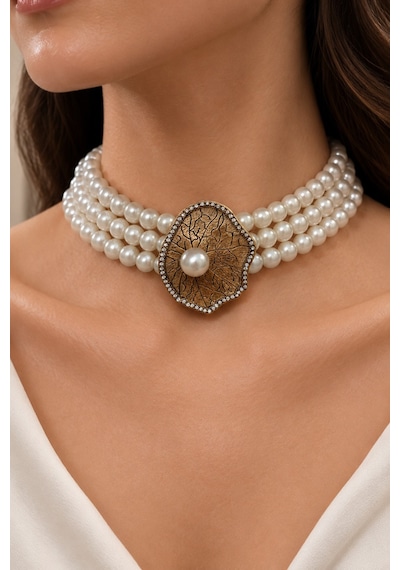 Zirkon Taşlı Choker İnci Kolye Deniz Kabuğu Figürlü Beyaz