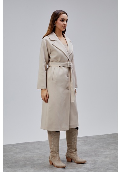 Bej Premium Oversize Kemerli Kaşe Kaban Bej