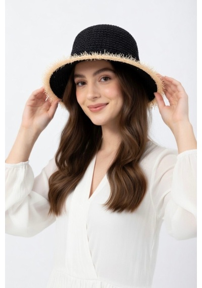 Mollycrush Yazlık Hediye Hasır Saman Detaylı Siyah Şapka Güneş Koruyucu Bucket Model Siyah