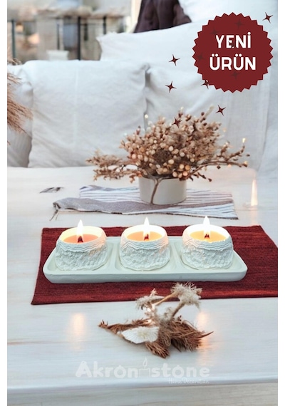 Dekoratif Tepside Kayalık Detaylı Üçlü Mum Seti Beyaz