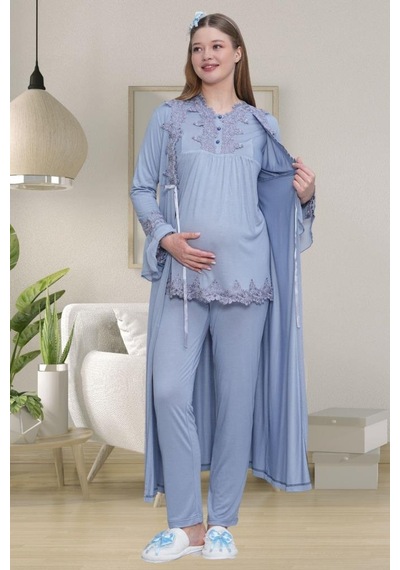 Mecit Pijama Mecit 1519 Bayan Hamile Lohusa Mavi Sabahlık Gecelik Pijama Seti