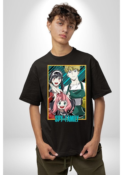 Spy X Family Anime Özel Tasarım Pamuklu Bisiklet Yaka Unisex Oversize Boyfriend Dijital Baskılı Siyah T-shirt Siyah